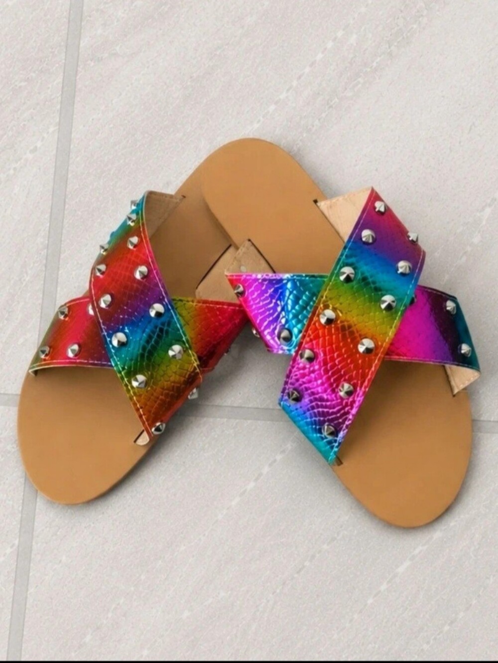 Rainbow Snake Print Studded Slide Sandals Festival Y2K Size 8